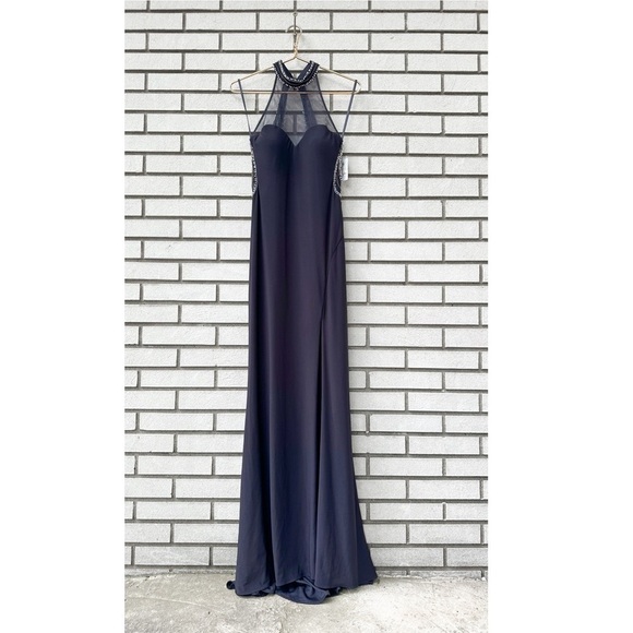 NWT Blondie Nites Gray Beaded Mesh Halter Sweetheart Neckline Formal Maxi Gown - Picture 3 of 14